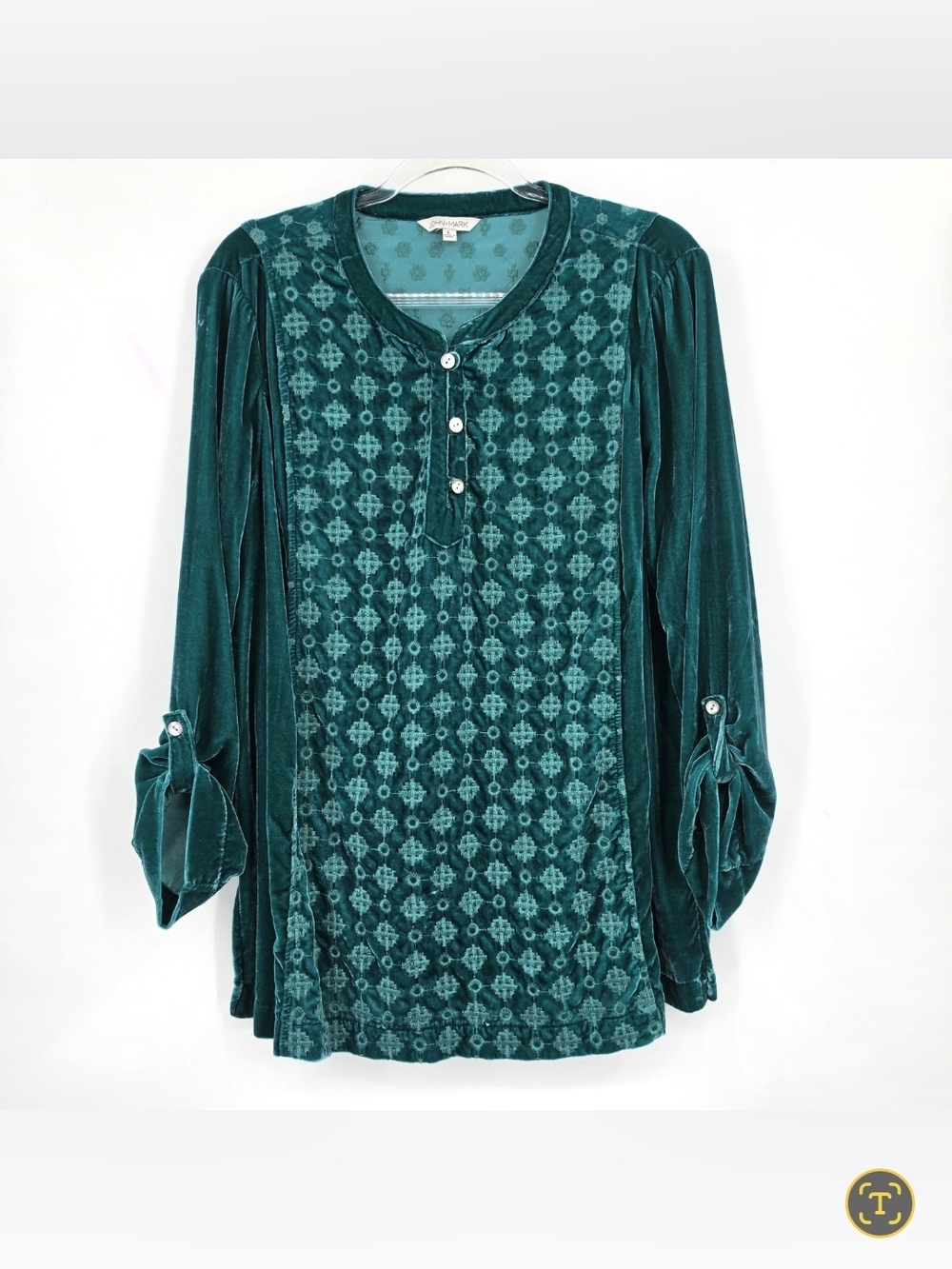 John Mark Embroidered Velvet Henley Tunic Top Large Green Roll Tab Sleeve